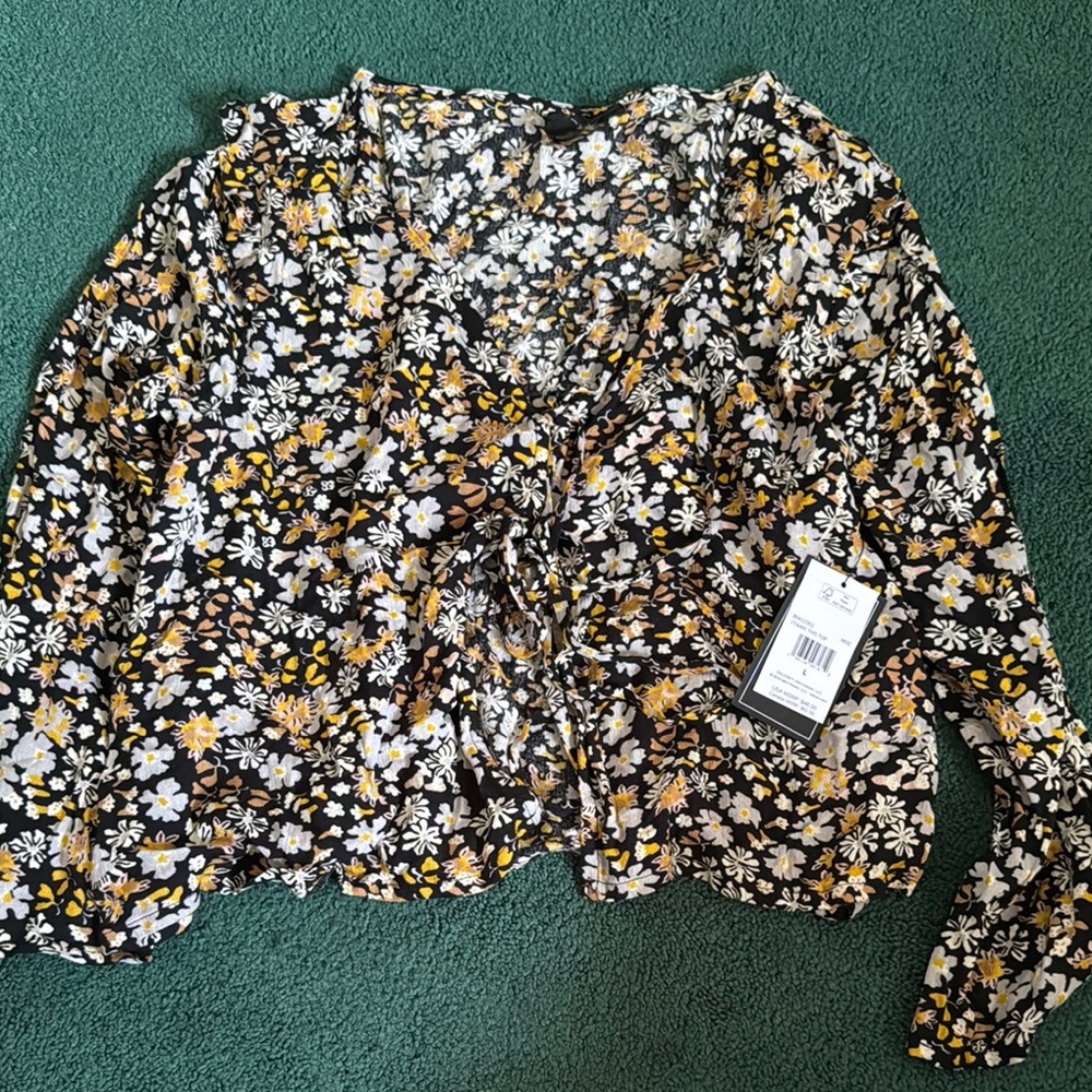 Volcom Brown and Tan Long Sleeve Tie Front Blouse